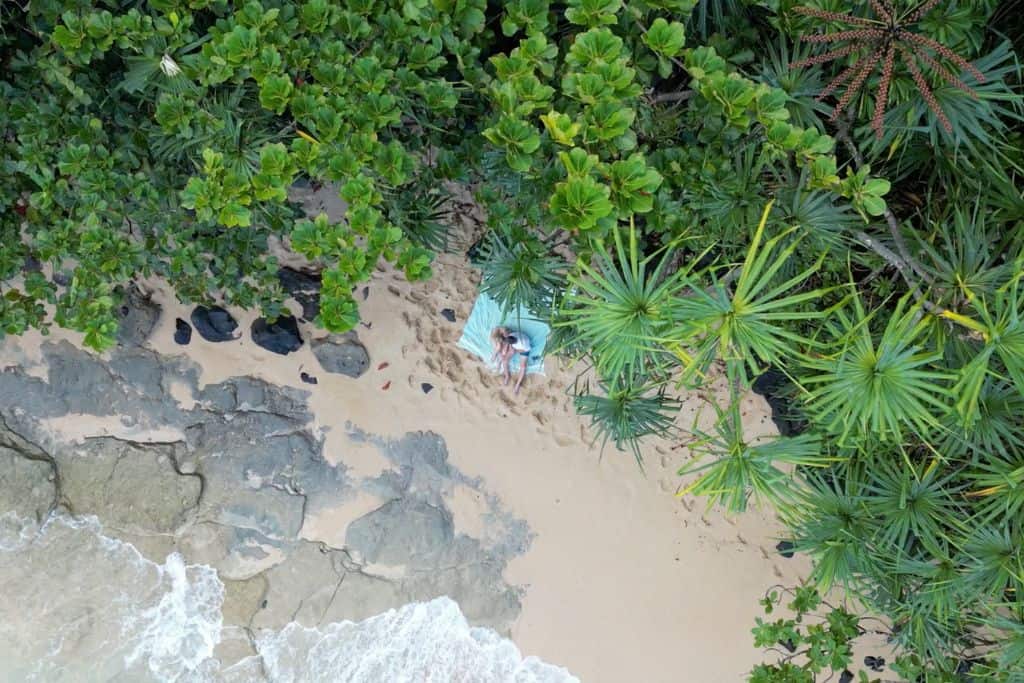 An overhead shot of a couple on a beach on a blue blanket with tropical plants above them and waves rolling in.