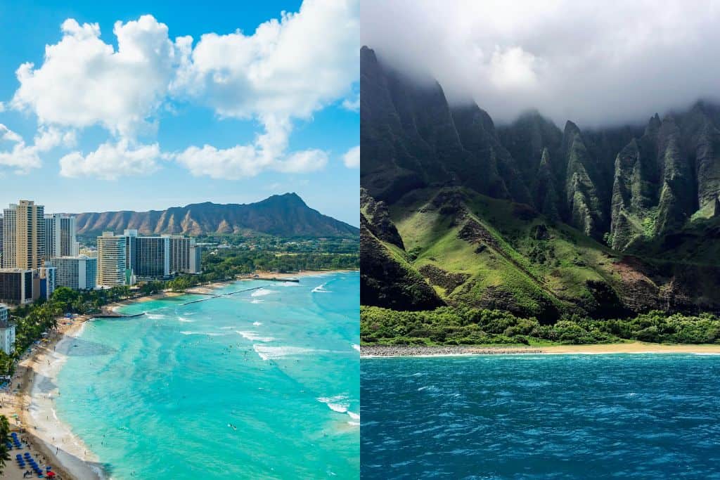 A split picture with a view of a city along a beach with mountains in the background on the left and lush green cliffs jutting down into a deep blue ocean on the right