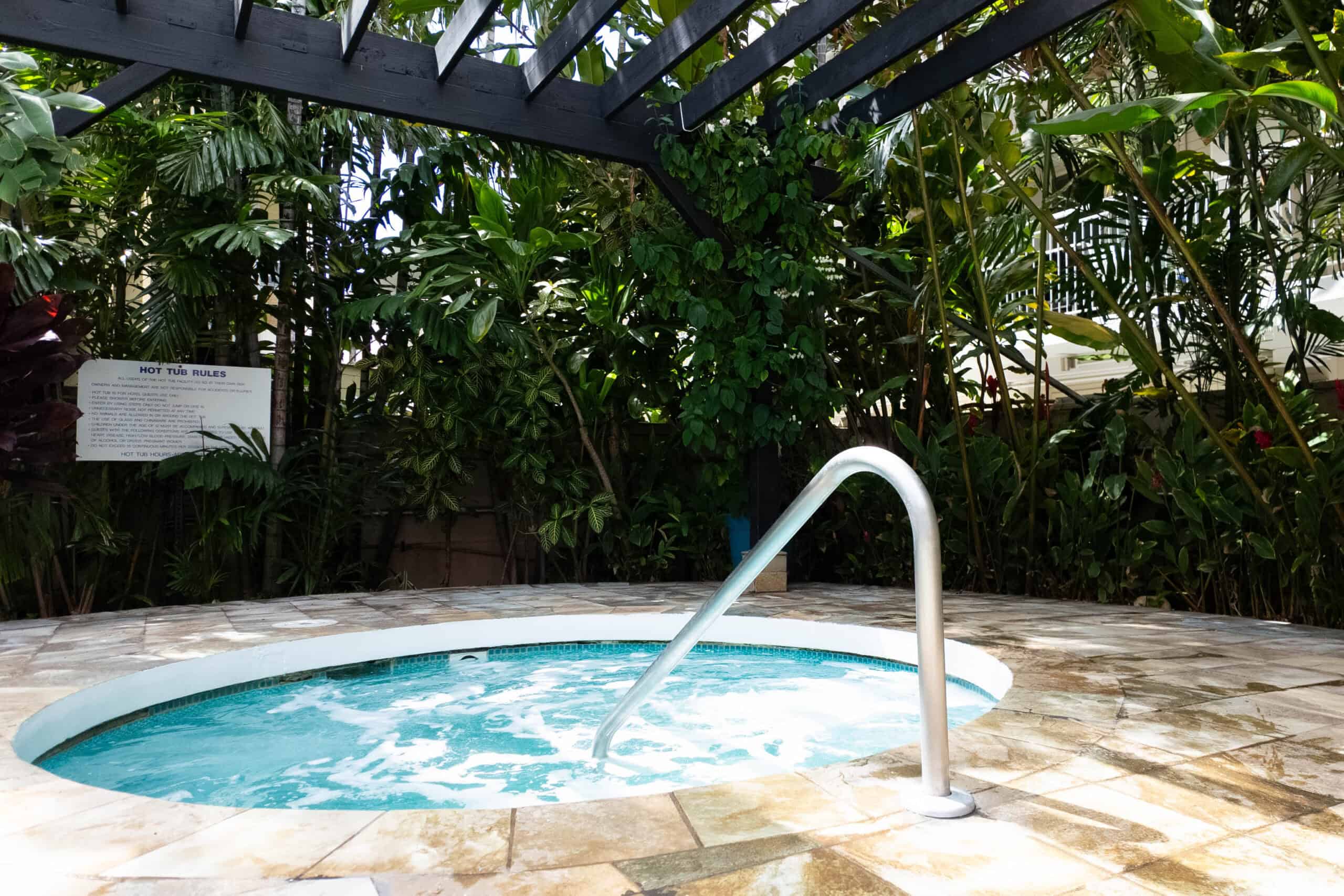 A hot tub surrounded by tropical plants