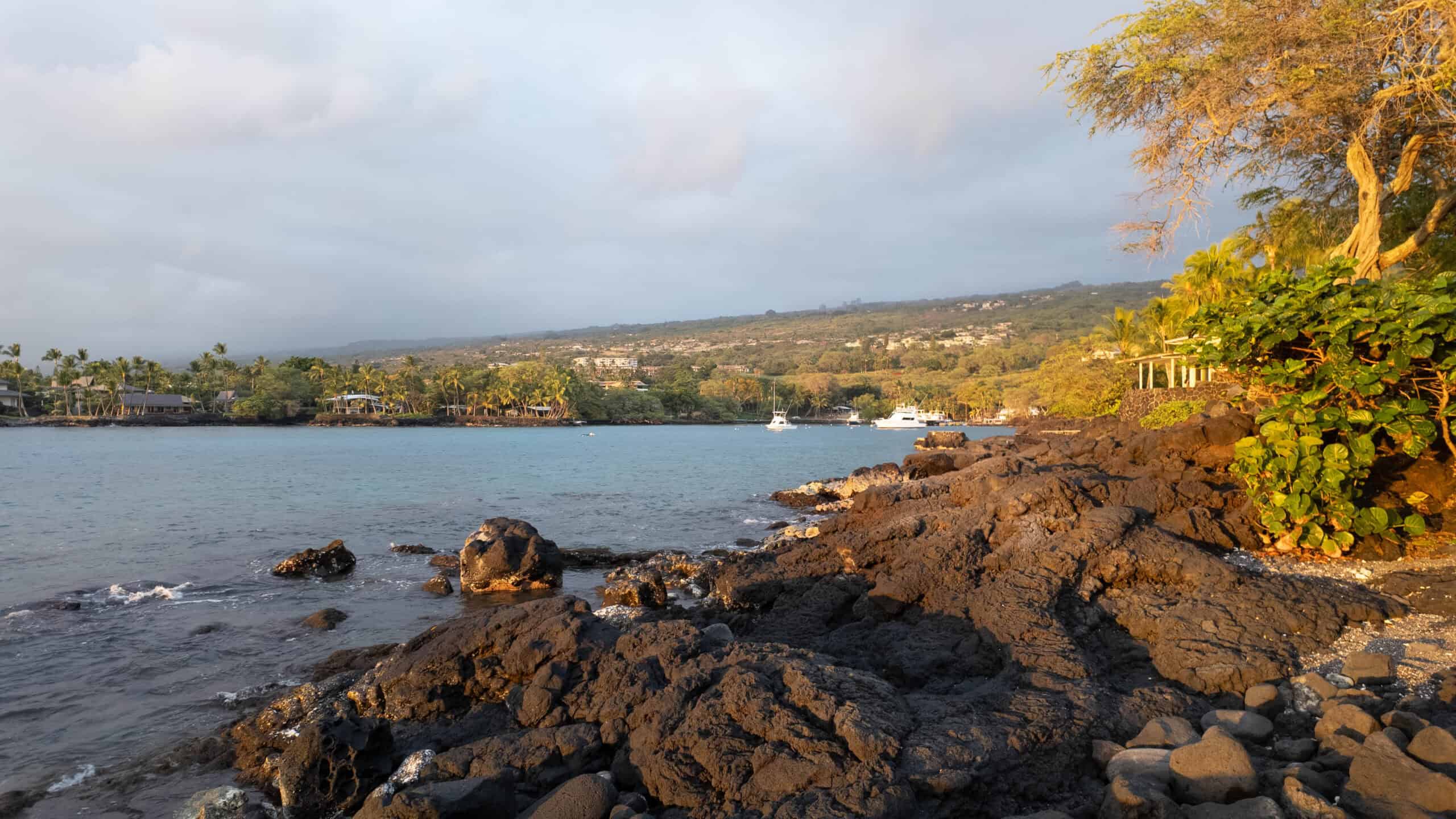 A bay with lava rocks in front and lush tropical plants in the background, and boats in the distance