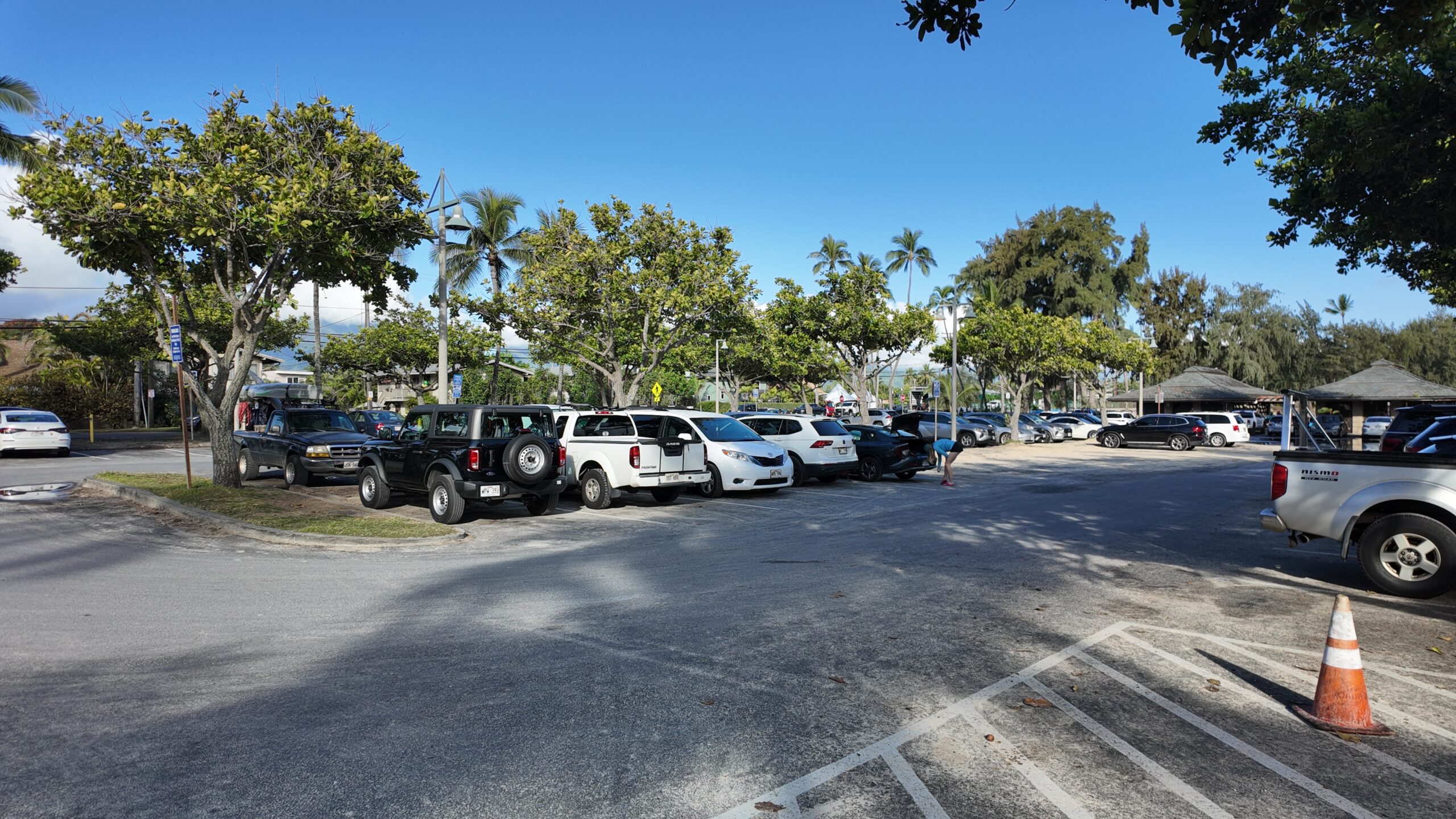 A full parking lot with trees behind it