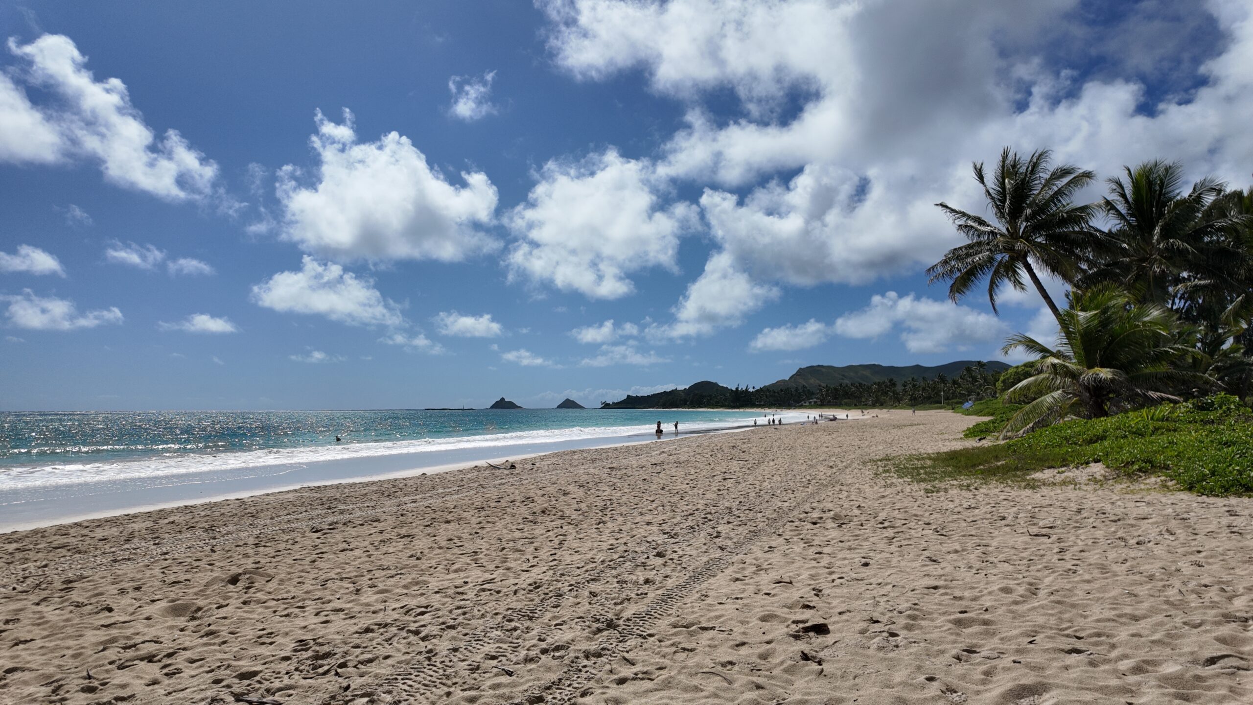 A long beach with palm trees, light turquoise waves and mountains and islands in the background