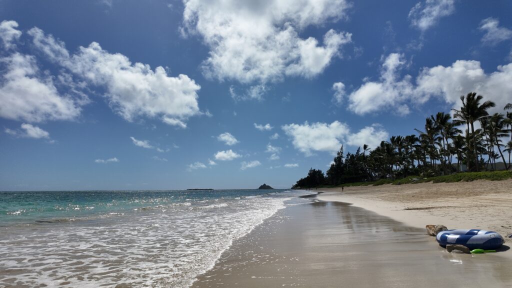 A float and beach toys on a quiet white sand beach with palm trees.