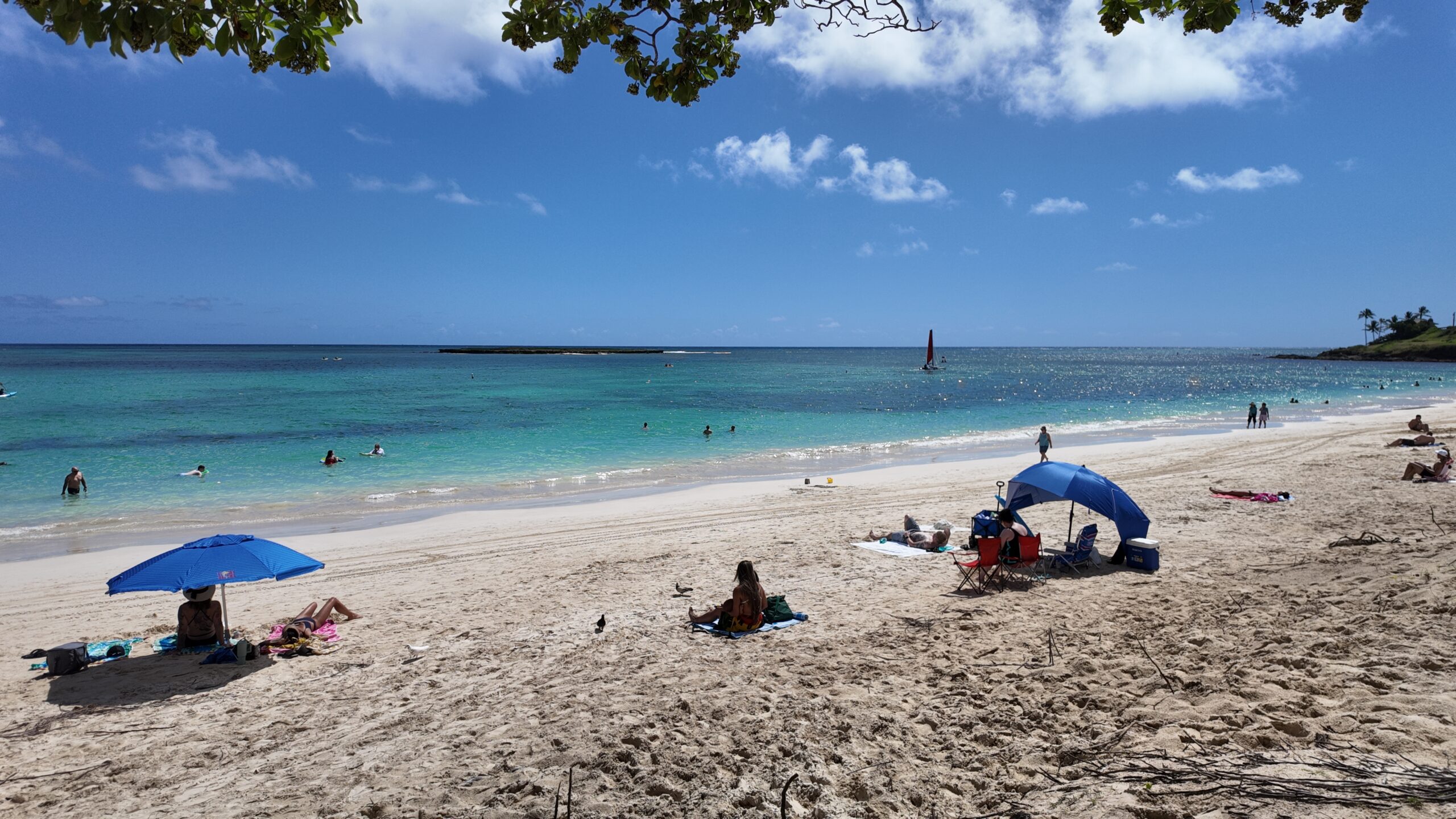 A white sand beach with some people on it and a windsurf in the background.