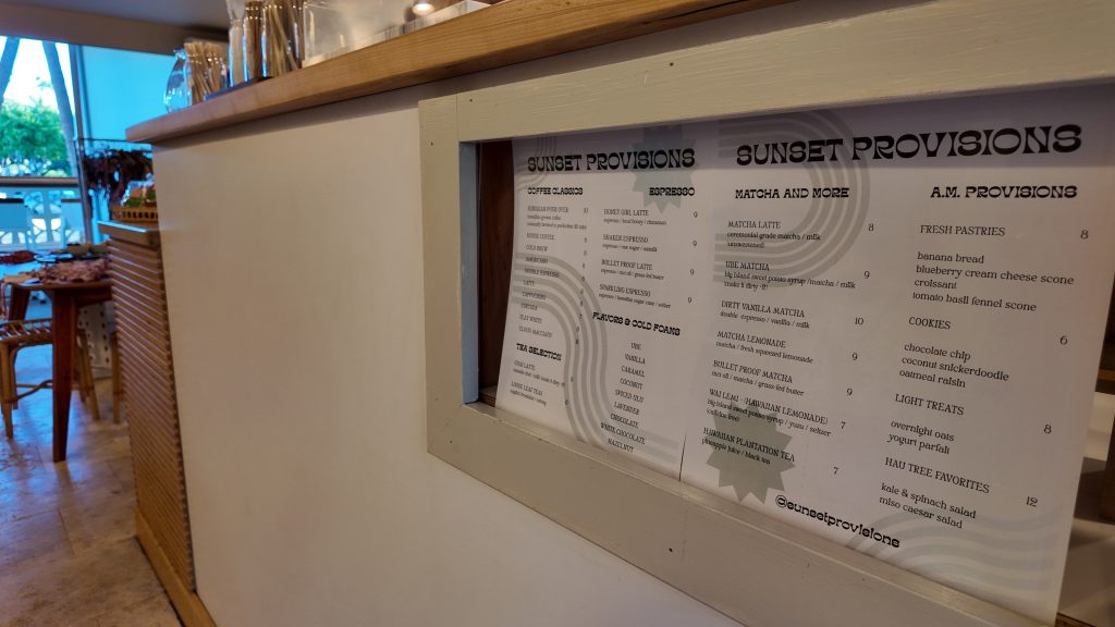 A menu at Sunset Provisions coffee shop and boutique in Waikiki Oahu