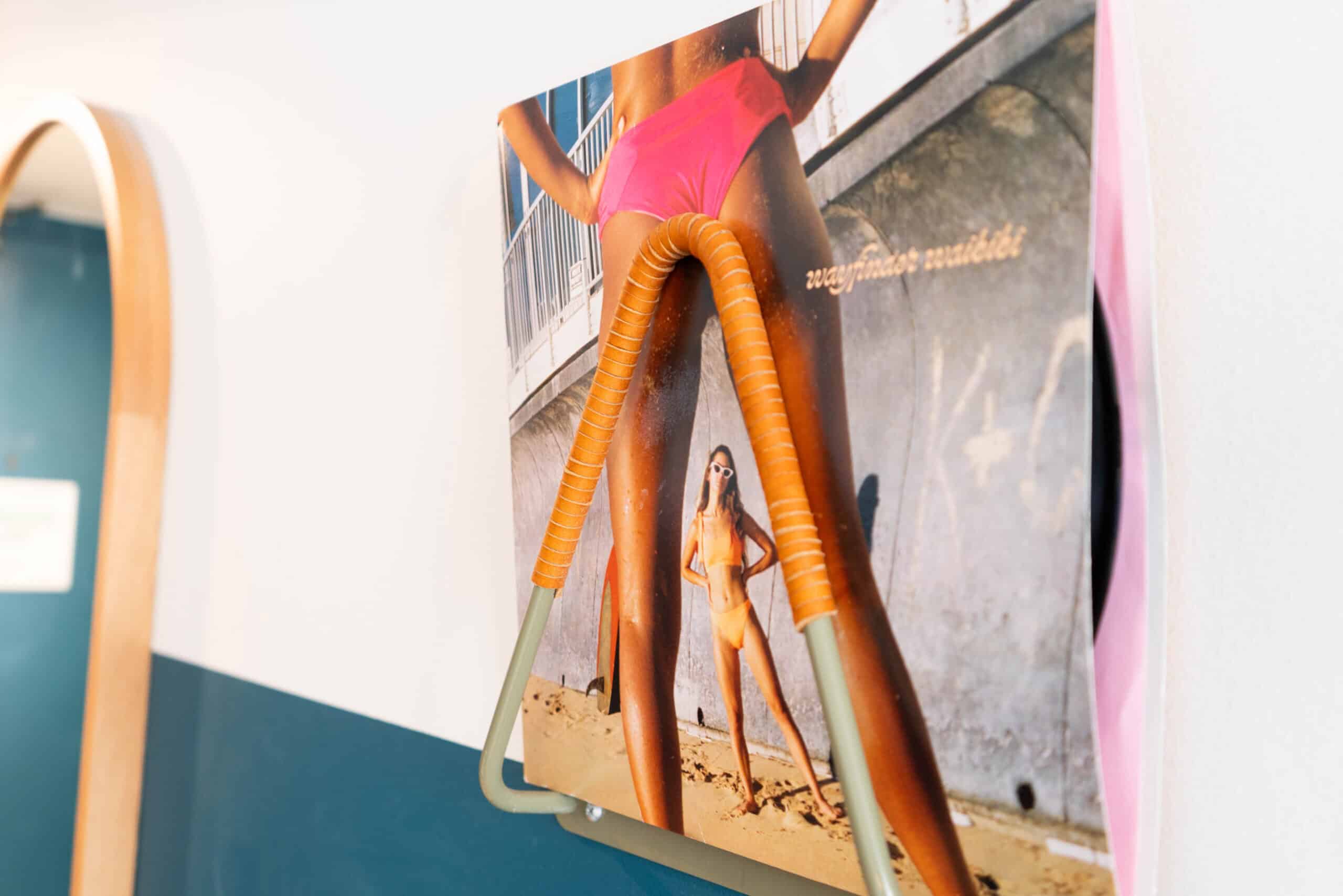 A record cover on a wall with a girl in a pink bikini facing another girl in a pink bikini